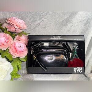 Madden NYC Black Convertible Crossbody Set with cherry keychain